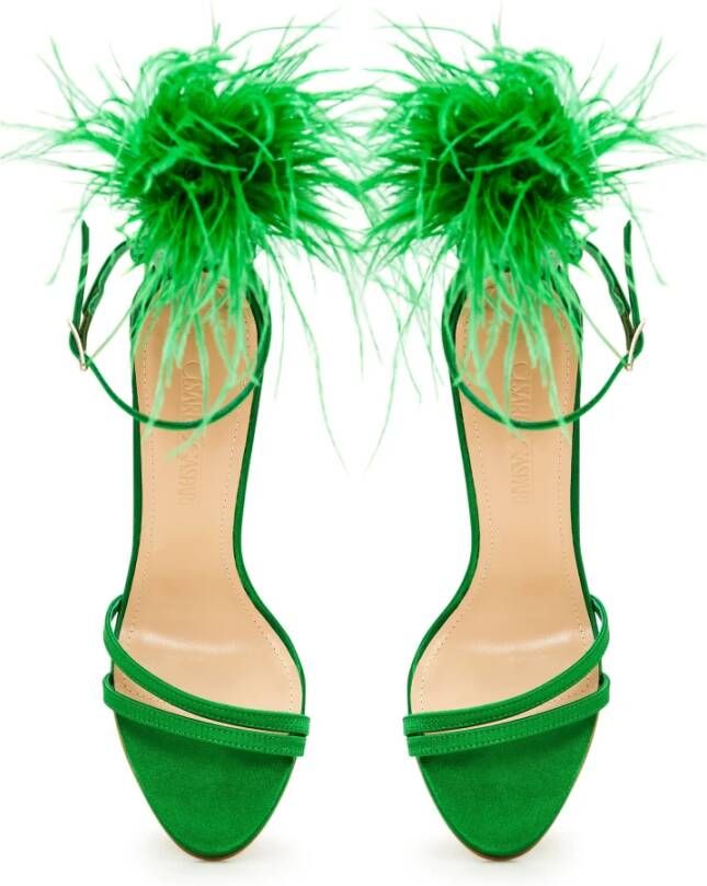 Cesare Gaspari Elegante Zwarte Veren Enkelband Luxe Hoge Hak Sandalen Groen Green Dames