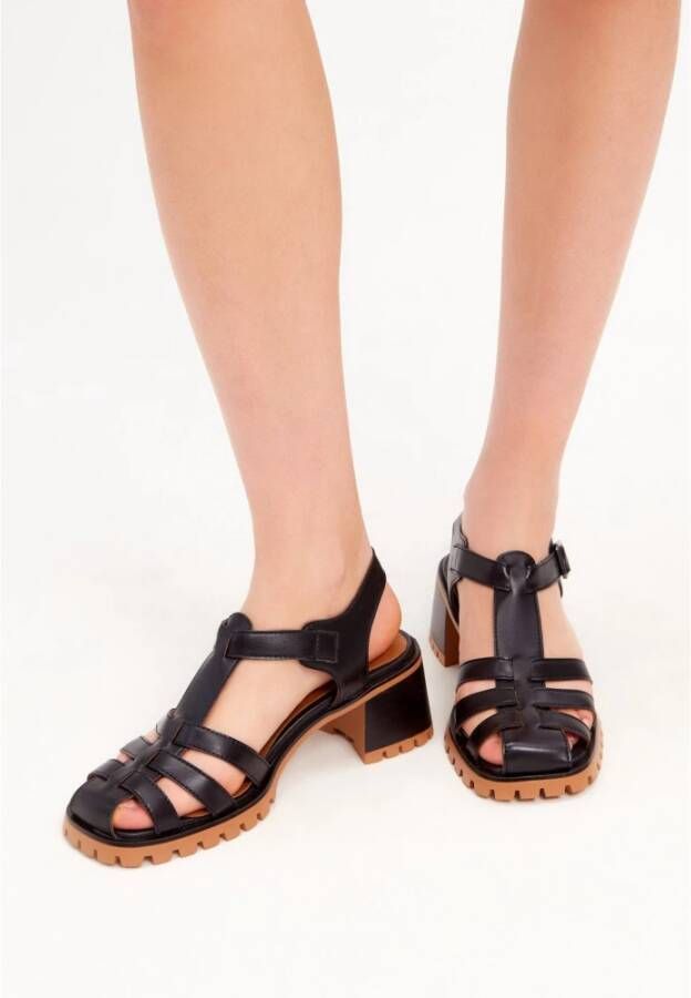 Cesare Gaspari Leren blokhak sandalen Zwart Black Dames