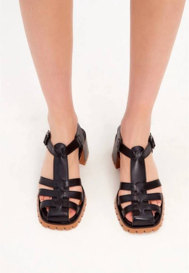 Cesare Gaspari Leren blokhak sandalen Zwart Black Dames