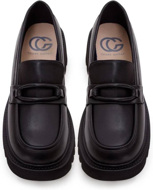 Cesare Gaspari Leren Klassieke Blokhak Loafers Zwart Black Dames