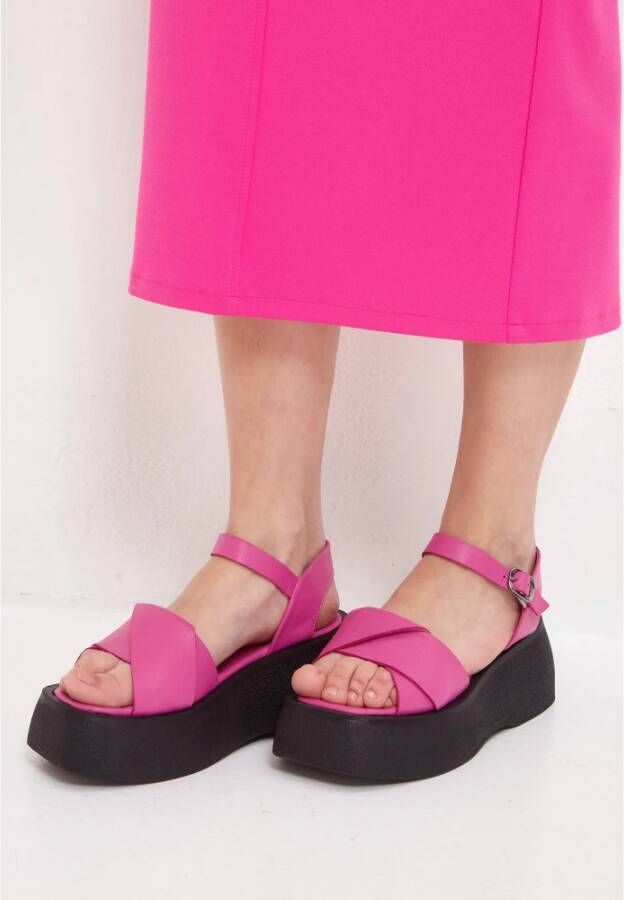 Cesare Gaspari Leren Plateau Sandalen Fuchsia Pink Dames