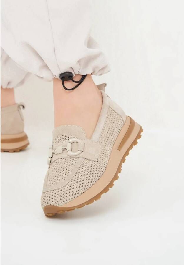 Cesare Gaspari Suede Laser Cut Loafers Beige Dames