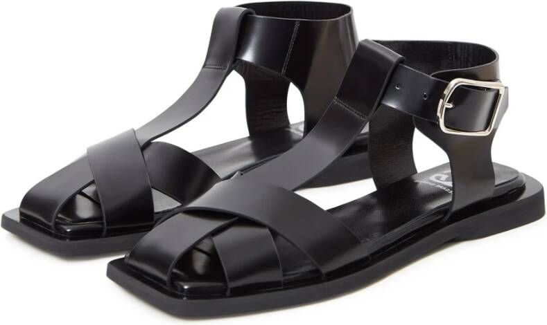 Cesare Gaspari Zwarte Enkelband Platte Zool Sandalen Black Dames