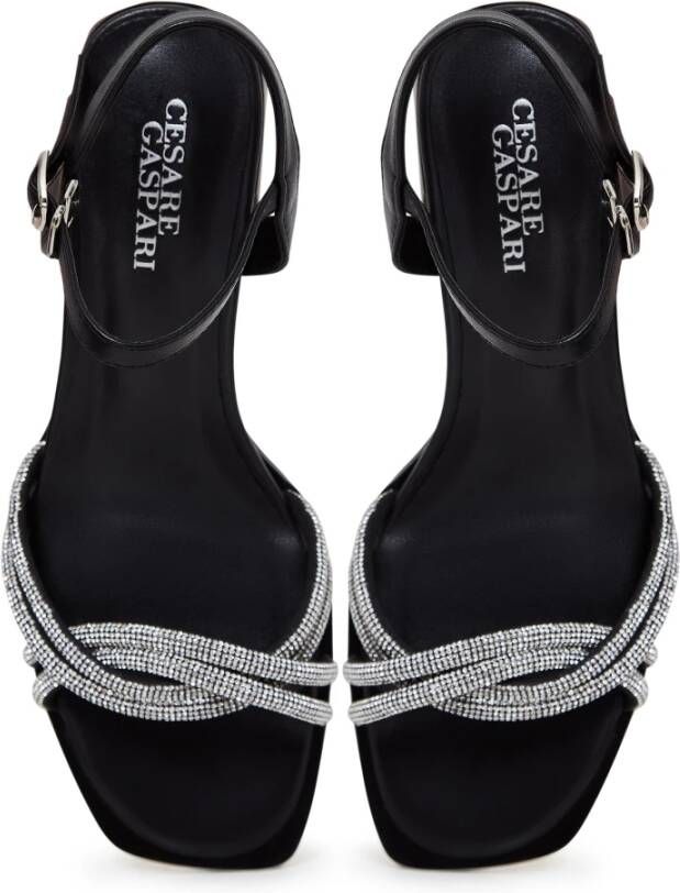 Cesare Gaspari Zwarte Leren Blokhak Sandalen Black Dames