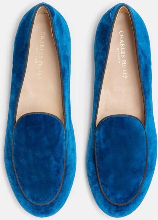 Charles Philip Shanghai Velvet Mocassins met Ovale Detail Blue Heren