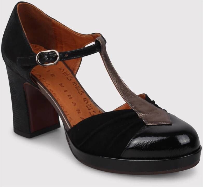 Chie Mihara Ruffle T-strap pumps met brede hak Black Dames