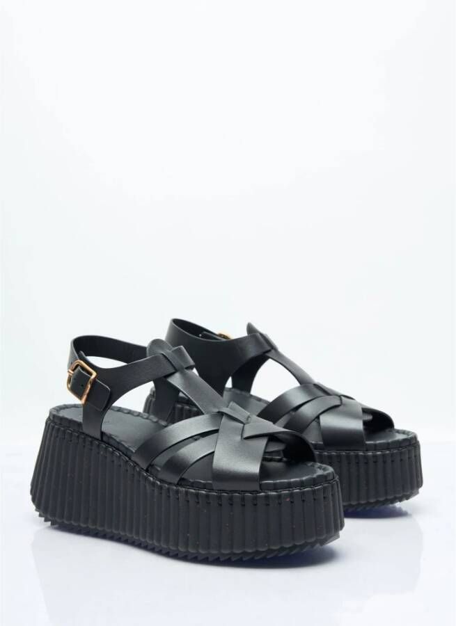 Chloé Geribbelde Platform Leren Sandalen Black Dames