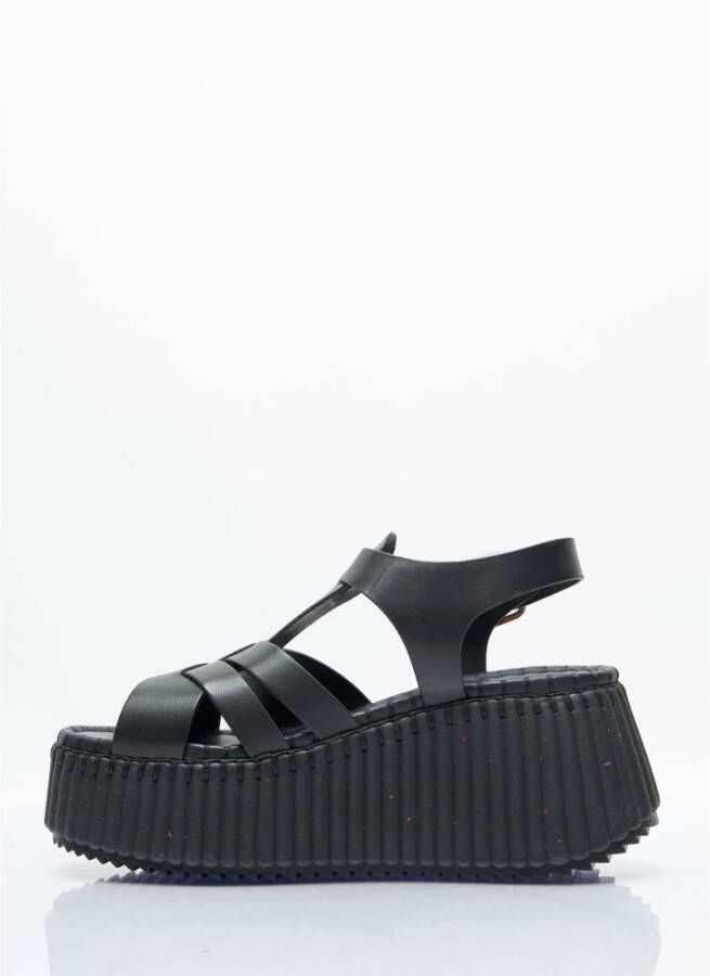 Chloé Geribbelde Platform Leren Sandalen Black Dames