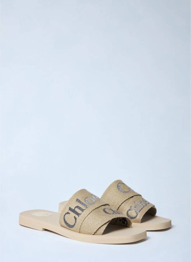 Chloé Logo-print Linnen Blend Woody Sandalen Beige Dames