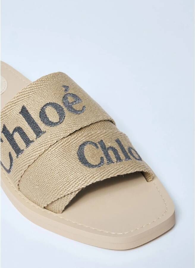 Chloé Logo-print Linnen Blend Woody Sandalen Beige Dames