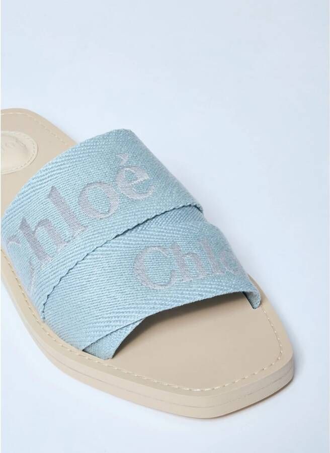 Chloé Logo-print Linnen Blend Woody Sandalen Blue Dames