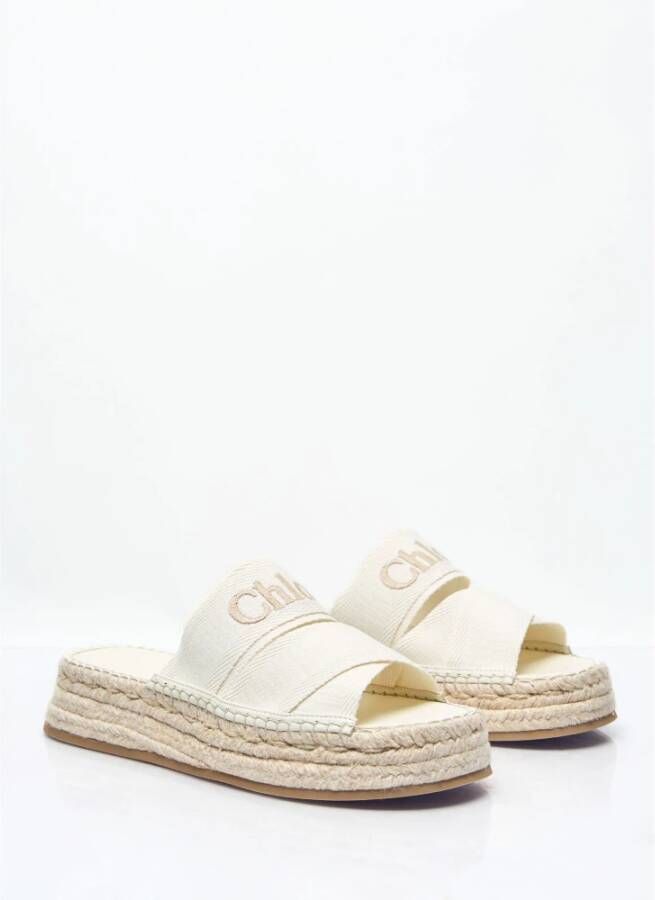 Chloé Raffia Plateau Sandalen met Logo Borduurwerk White Dames