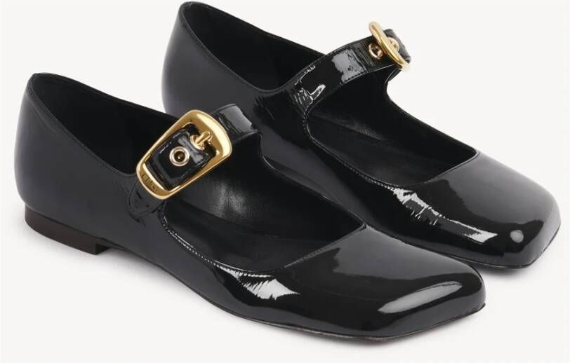 Chloé Zwarte platte schoenen met oversized gouden gesp Black Dames