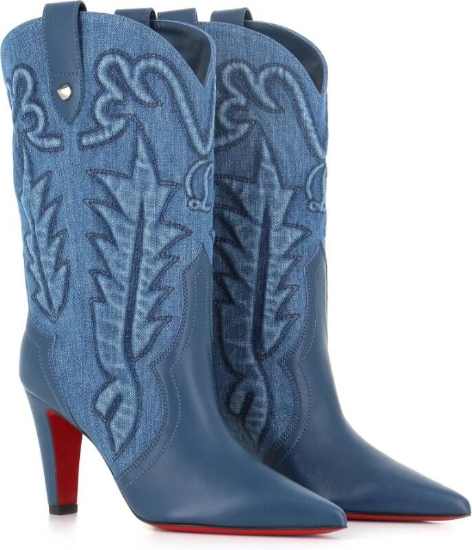 Christian Louboutin Blauwe Denim Geborduurde Cubaanse Haklaarzen Blue Dames