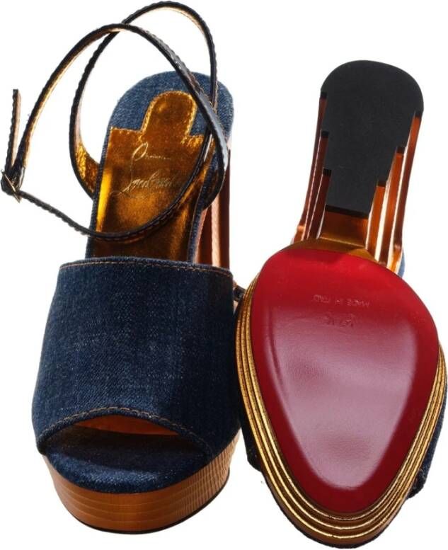 Christian Louboutin Blauwe Denim Sleehak Sandaal met Gouden Stiksels Blue Dames