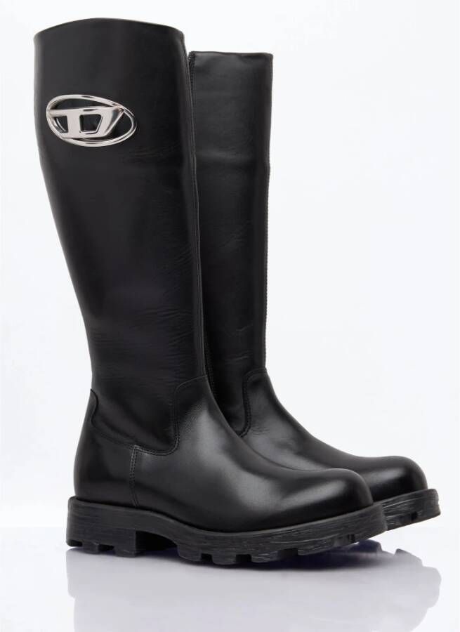 Diesel Glanzende leren laarzen met logoplaquette Black Dames