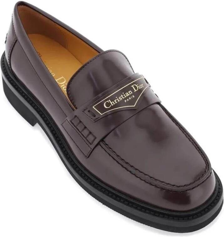 Dior Leren Loafers met Goudkleurig Logo Detail Brown Dames