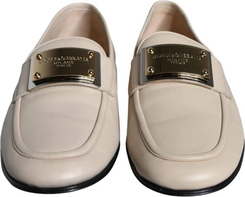 Dolce & Gabbana Beige Lederen Logo Plaque Loafers Beige Heren