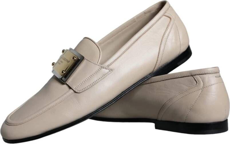 Dolce & Gabbana Beige Lederen Logo Plaque Loafers Beige Heren