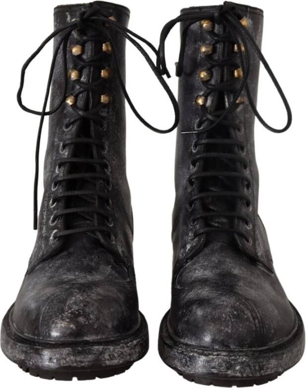 Dolce & Gabbana Black Leather Combat High Boots Shoes Zwart Heren