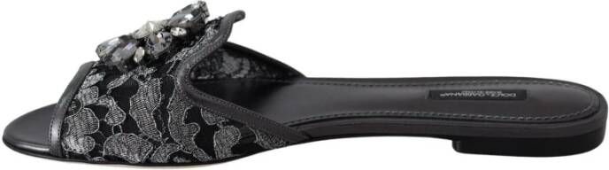 Dolce & Gabbana Black Taormina Lace Crystal Bianca Slides Shoes Zwart Dames