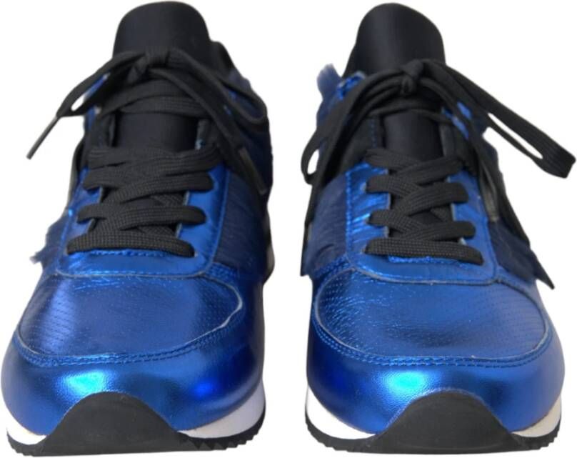 Dolce & Gabbana Blauw Zwart Kalfshaar Leren Sneakers Blue Heren