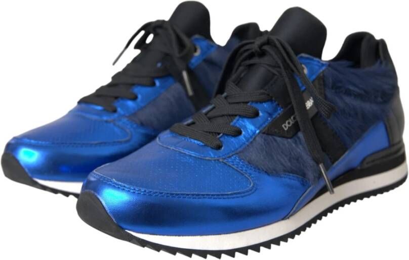 Dolce & Gabbana Blauw Zwart Kalfshaar Leren Sneakers Blue Heren