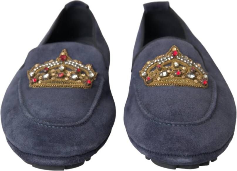 Dolce & Gabbana Blauwe Leren Crystal Crown Loafers Schoenen Blue Heren