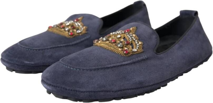 Dolce & Gabbana Blauwe Leren Crystal Crown Loafers Schoenen Blue Heren