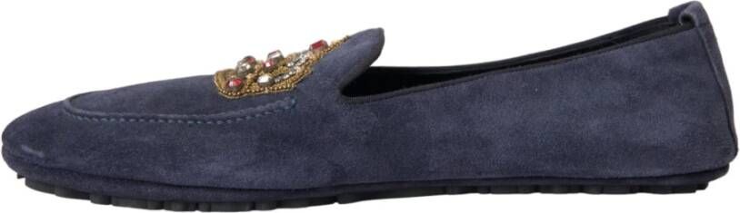 Dolce & Gabbana Blauwe Leren Crystal Crown Loafers Schoenen Blue Heren