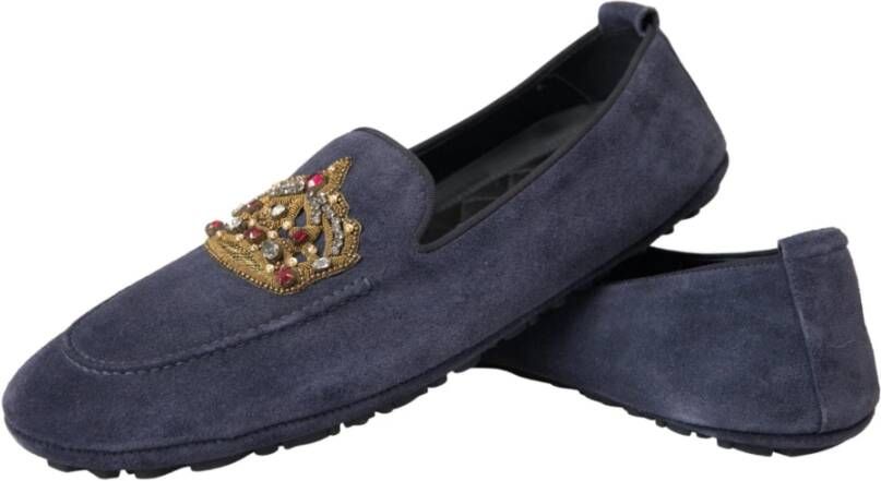 Dolce & Gabbana Blauwe Leren Crystal Crown Loafers Schoenen Blue Heren