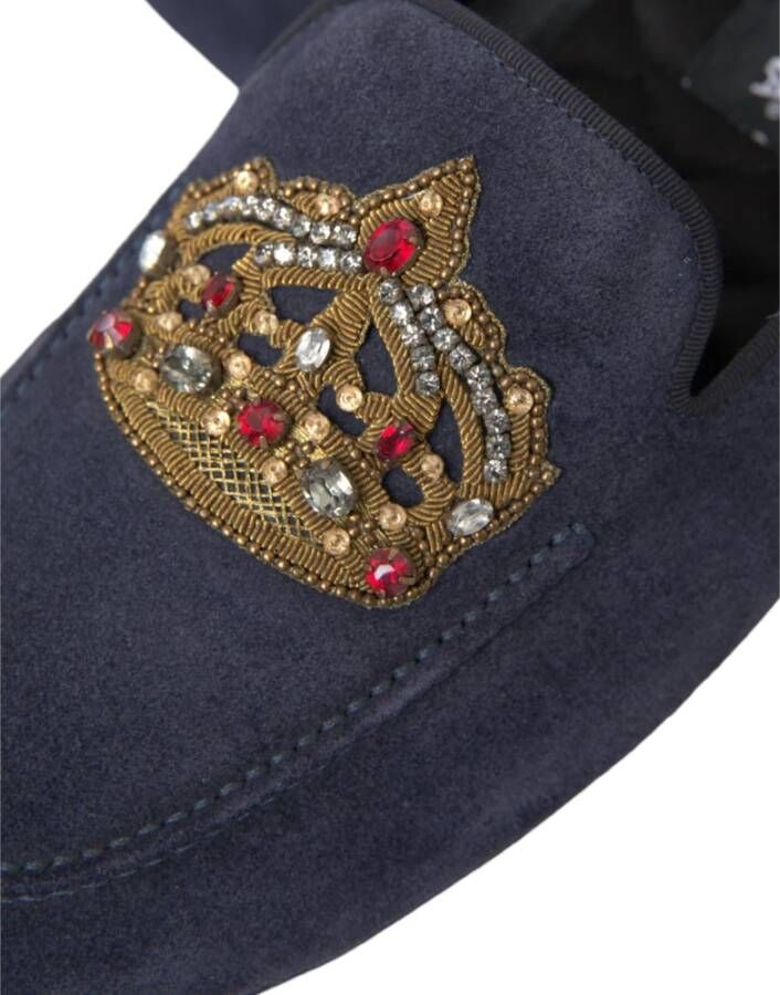 Dolce & Gabbana Blauwe Leren Crystal Crown Loafers Schoenen Blue Heren