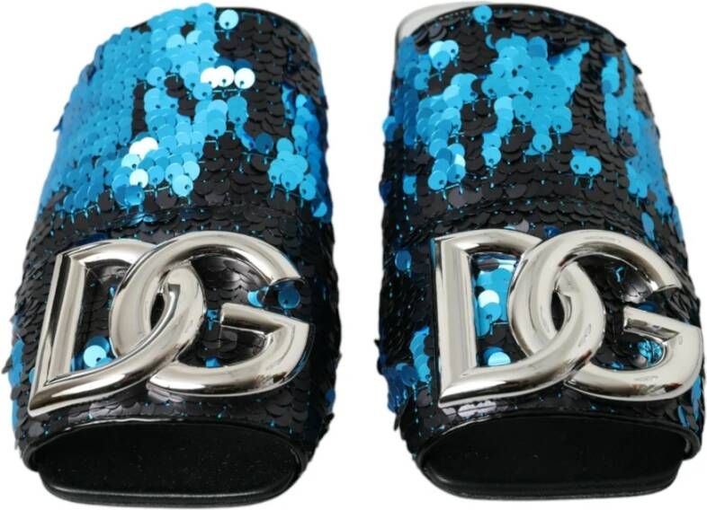 Dolce & Gabbana Blauwe Paillet Logo Slides Sandalen Blue Dames