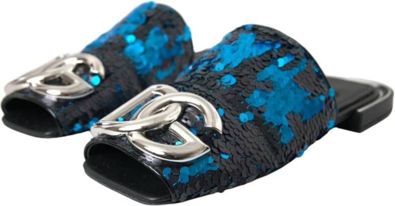 Dolce & Gabbana Blauwe Paillet Logo Slides Sandalen Blue Dames