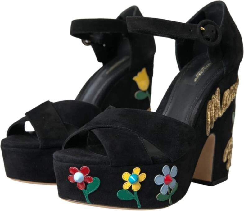 Dolce & Gabbana Bloemen Enkelband Hakken Sandalen Black Dames