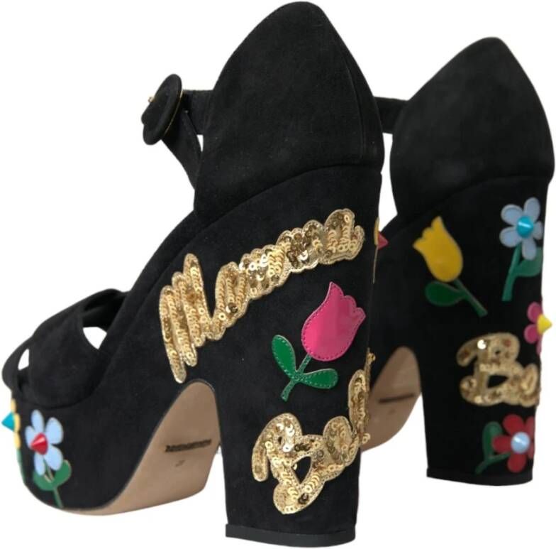 Dolce & Gabbana Bloemen Enkelband Hakken Sandalen Black Dames