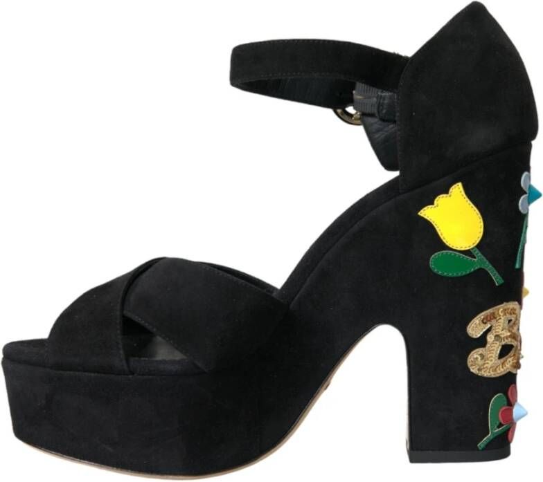 Dolce & Gabbana Bloemen Enkelband Hakken Sandalen Black Dames