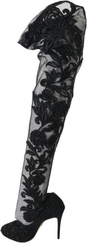 Dolce & Gabbana Bloemen Geborduurde Over-Knee Laarzen Black Dames