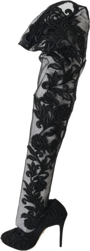 Dolce & Gabbana Bloemen Geborduurde Overknee Laarzen Black Dames