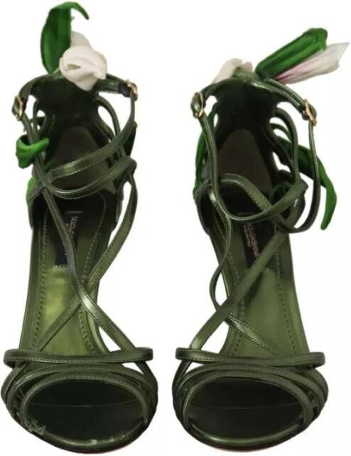 Dolce & Gabbana Bloemen Leren Strappy Hakken Sandalen Green Dames