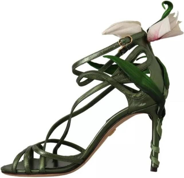 Dolce & Gabbana Bloemen Leren Strappy Hakken Sandalen Green Dames