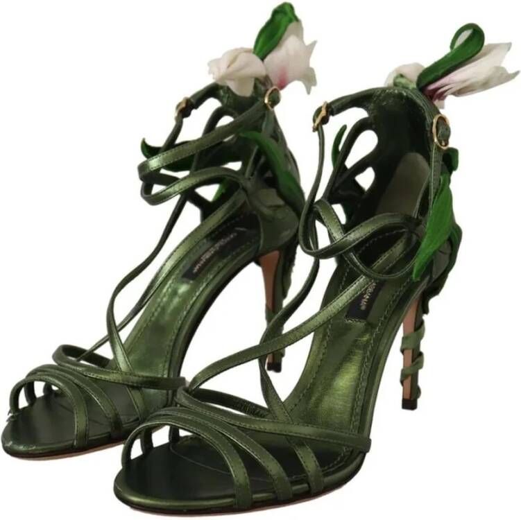 Dolce & Gabbana Bloemen Leren Strappy Hakken Sandalen Green Dames