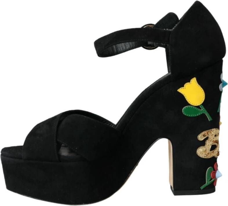 Dolce & Gabbana Bloemversierde Plateau Sandalen Black Dames