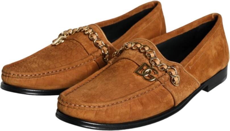 Dolce & Gabbana Bruin Fluweel Leren Logo Mocassin Schoenen Brown Heren