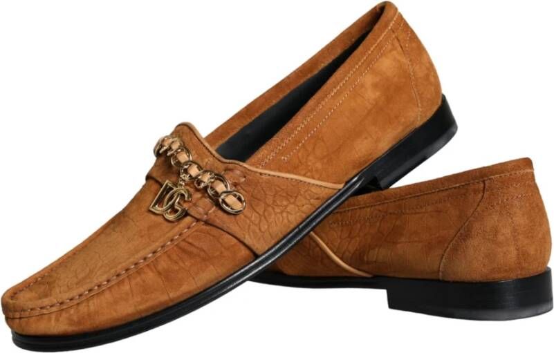 Dolce & Gabbana Bruin Fluweel Leren Logo Mocassin Schoenen Brown Heren