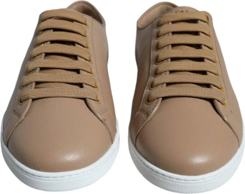 Dolce & Gabbana Bruin leren vetersneakers met gouden logo Brown Heren