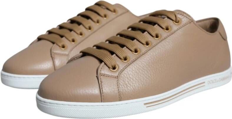 Dolce & Gabbana Bruin leren vetersneakers met gouden logo Brown Heren