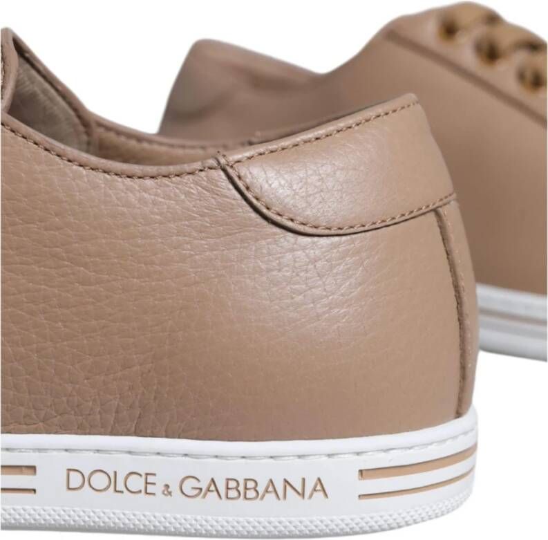 Dolce & Gabbana Bruin leren vetersneakers met gouden logo Brown Heren