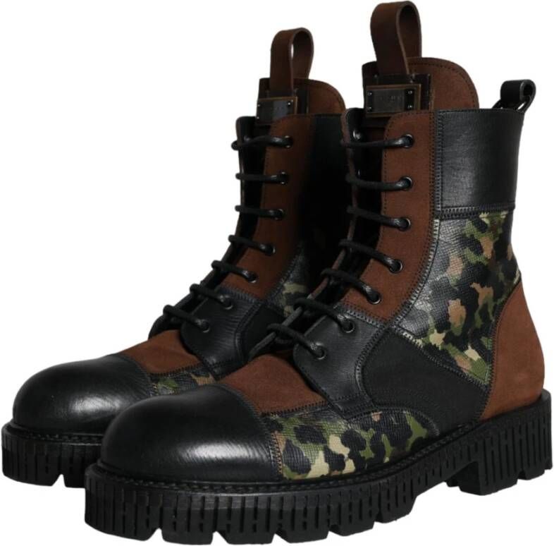 Dolce & Gabbana Camouflage Leren Gevechtslaarzen Brown Heren