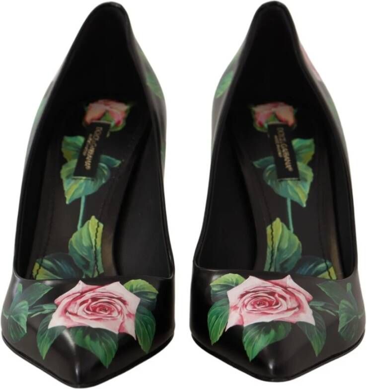 Dolce & Gabbana Elegante zwarte leren hakken met rozenprint Black Dames